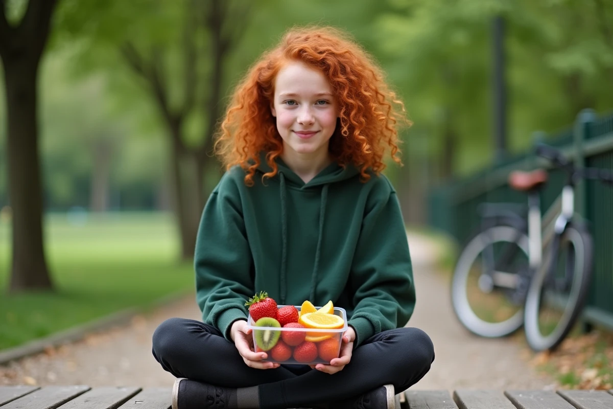 Adolescente préparant une collation saine de fruits frais dans un contenant en verre sur un banc de parc