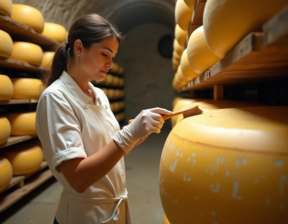 Affineur féminine en cave d'affinage brossant une meule de Comté sur des planches en épicéa dans une cave en pierre traditionnelle