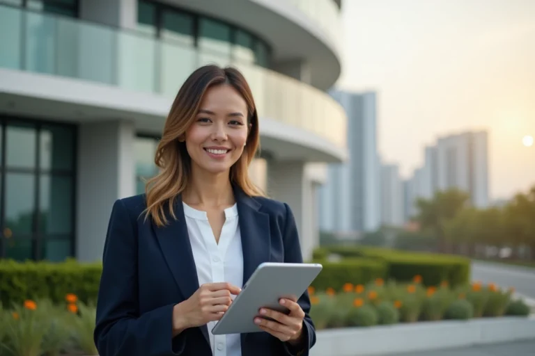 Agent immobilière professionnelle devant un immeuble moderne en verre tenant une tablette avec des annonces immobilières