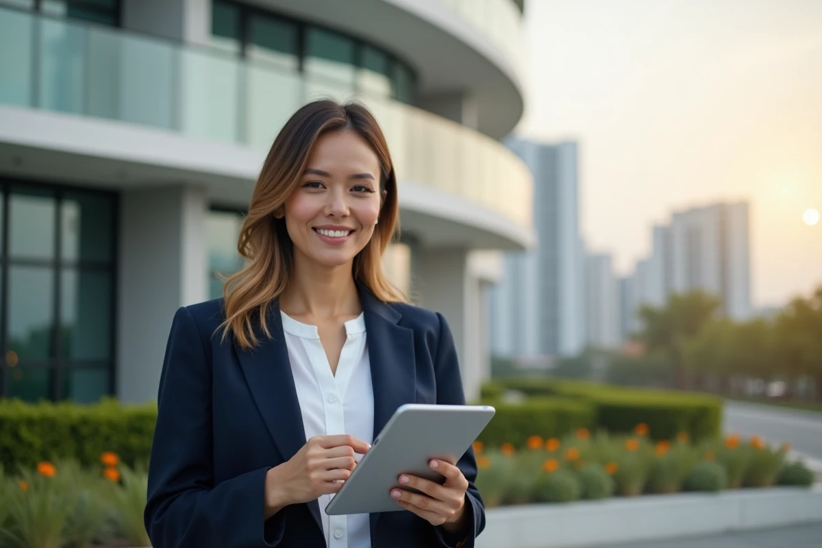 Agent immobilière professionnelle devant un immeuble moderne en verre tenant une tablette avec des annonces immobilières