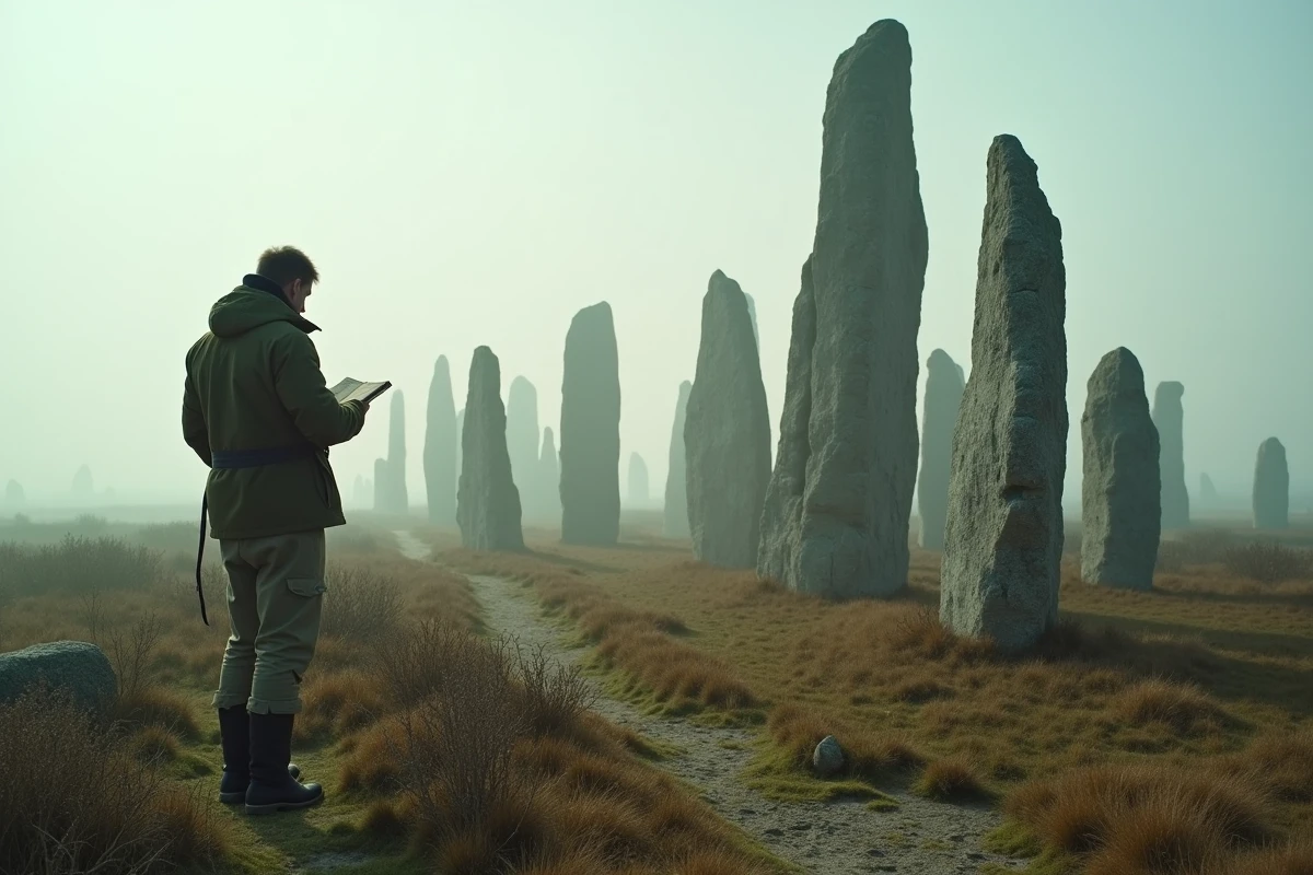 Alignements mégalithiques de Carnac dans le Morbihan avec un historien étudiant les menhirs en granit breton