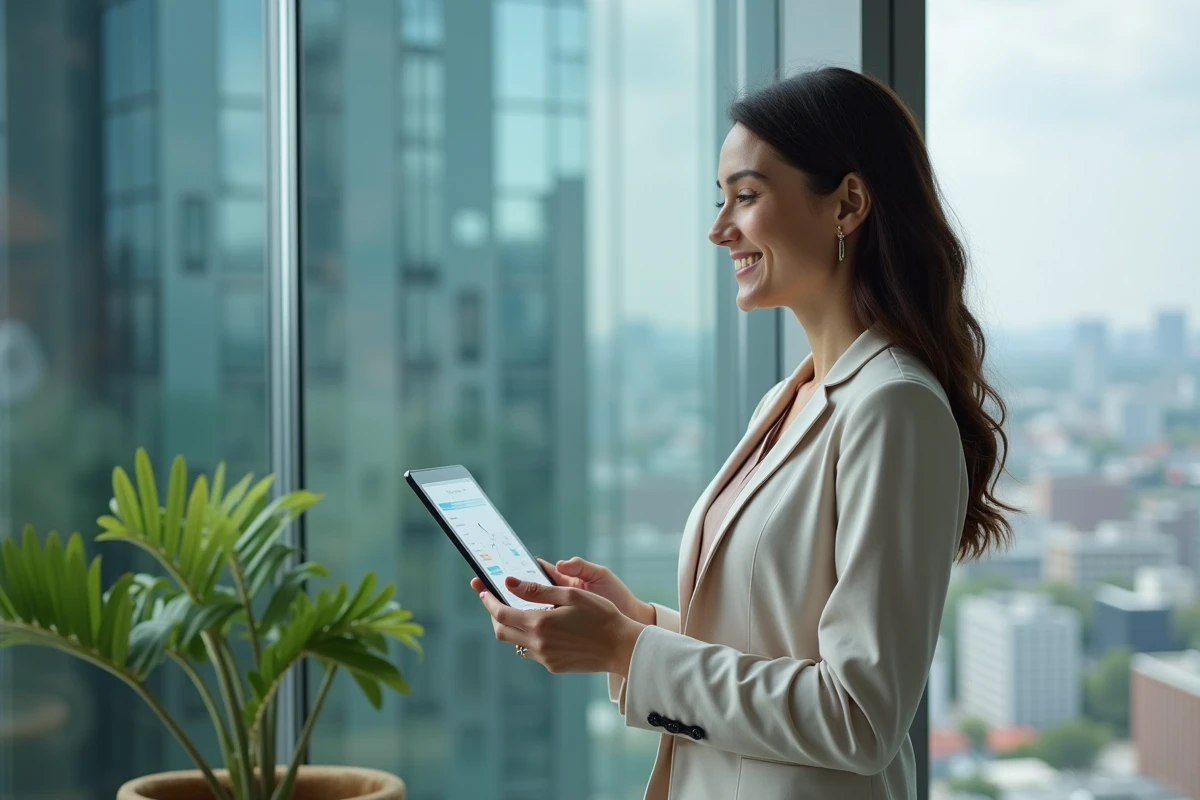 Jeune femme analyste marketing regardant infographies en ville