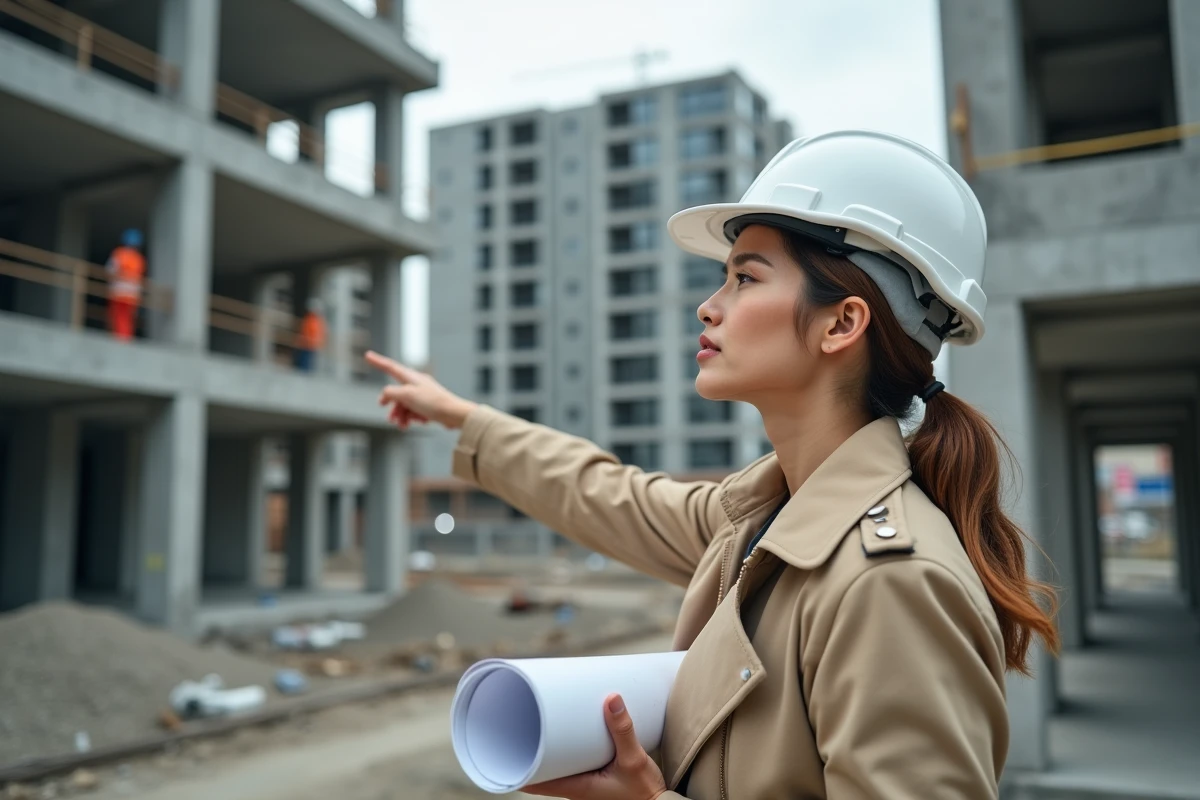 Architecte femme supervisant un chantier immobilier avec plan de construction en milieu urbain