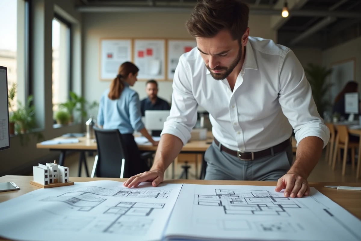 Architecte masculin examinant des plans immobiliers sur un bureau dans un bureau de promotion immobilière contemporain