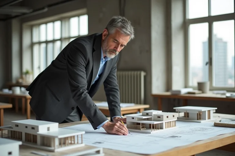 Architecte expert analysant des plans et maquettes immobilières dans un studio de conception contemporain