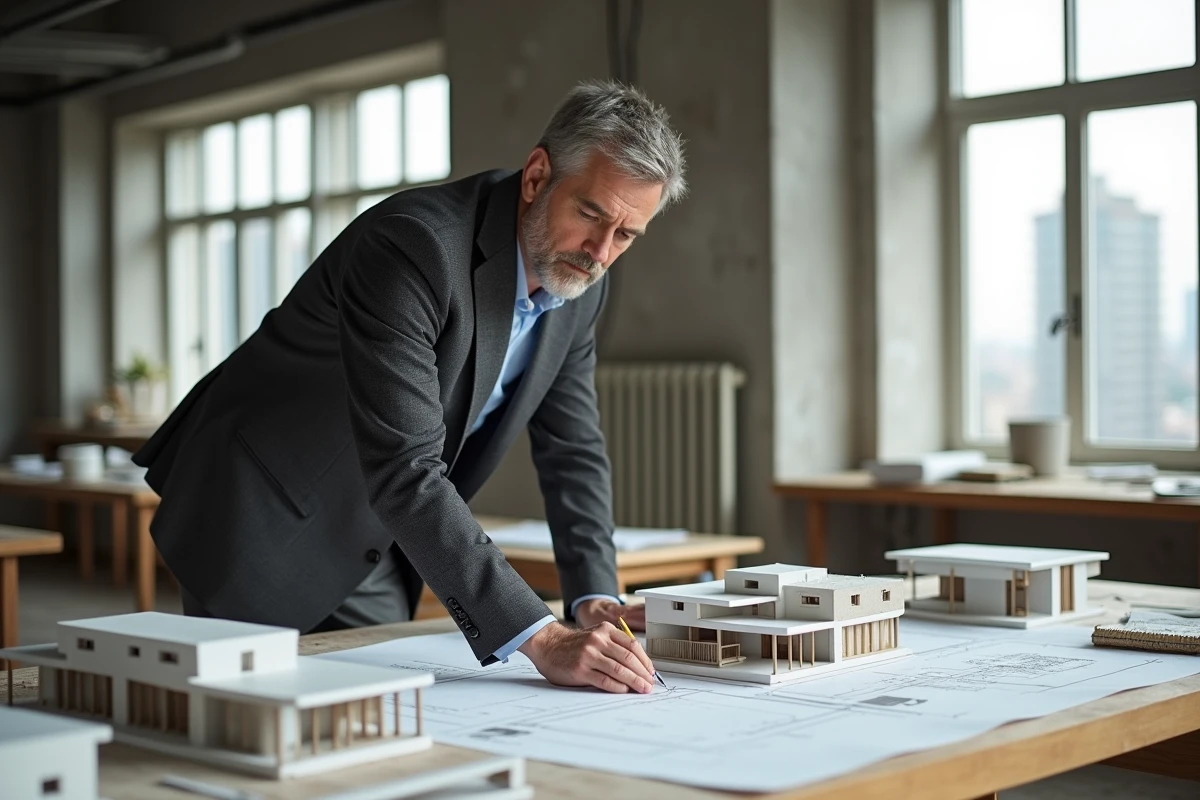 Architecte expert analysant des plans et maquettes immobilières dans un studio de conception contemporain