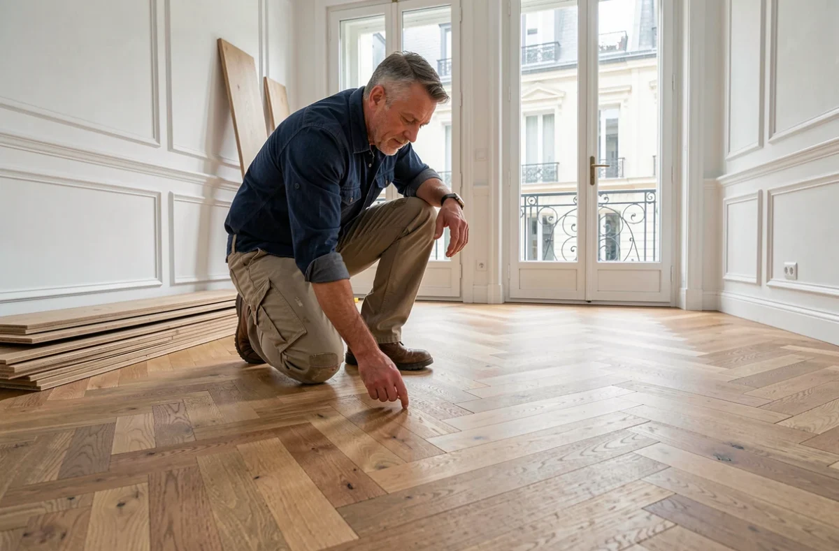 Artisan inspectant un parquet en chêne en chevrons fraîchement posé dans un appartement haussmannien rénové
