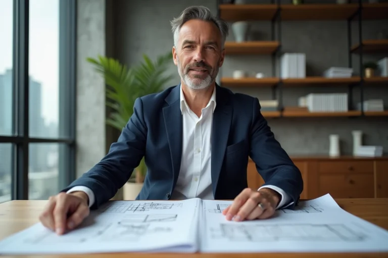 Bertrand Barré examine des plans de projets innovants dans un studio de design contemporain