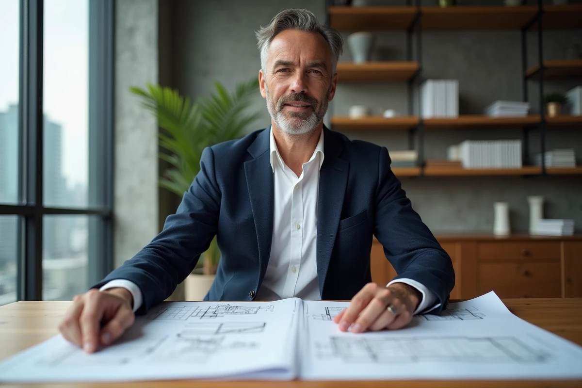 Bertrand Barré examine des plans de projets innovants dans un studio de design contemporain