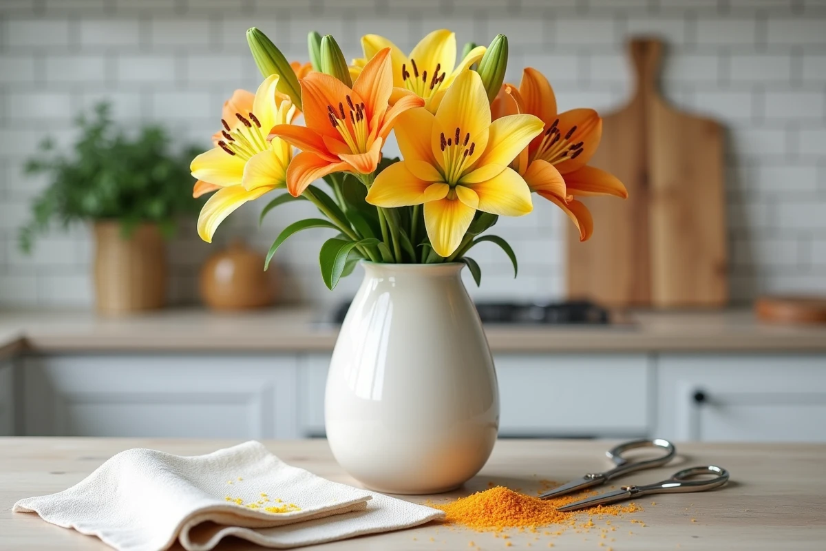 Bouquet de lys jaunes et oranges dans un vase avec étamines coupées posées sur un comptoir de cuisine
