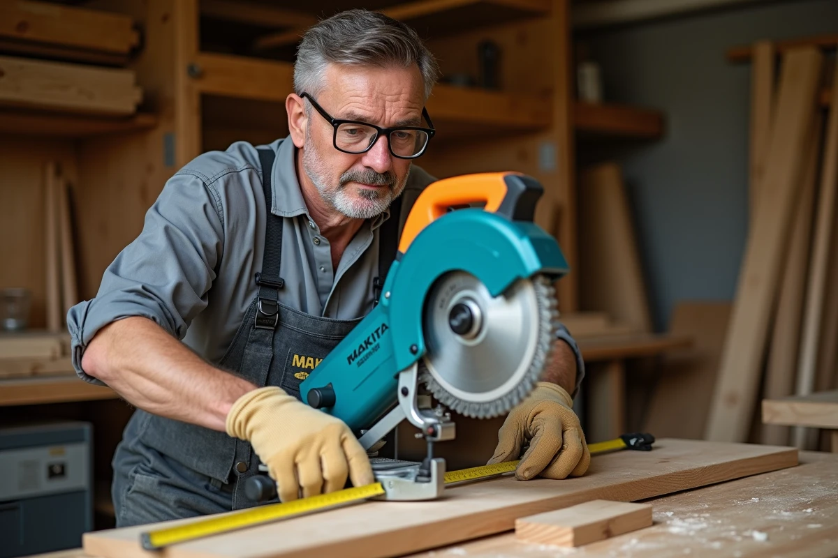 Charpentier professionnel utilisant une scie à onglets Makita pour couper une planche en chêne en atelier