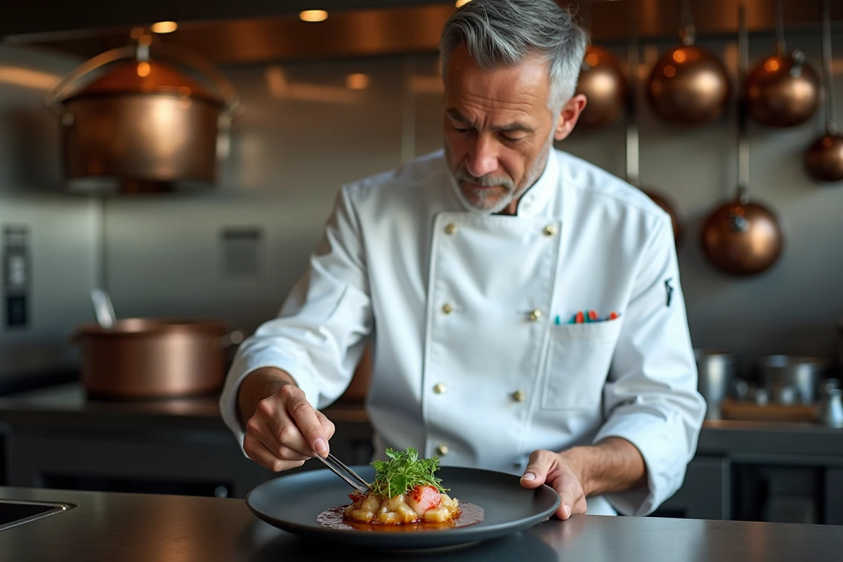 Chef cuisinier gastronomique dressant une assiette raffinée dans une cuisine professionnelle en acier inoxydable