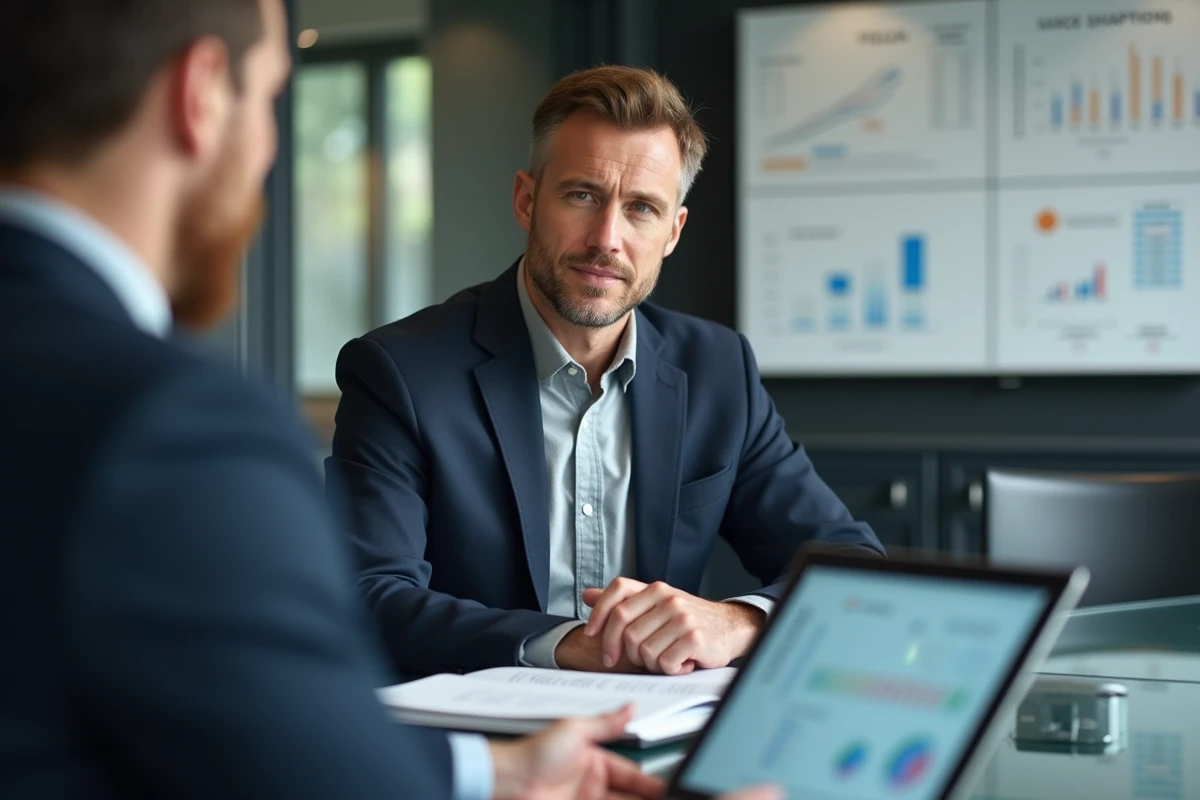 Comptable masculin en réunion professionnelle discutant de l'utilisation du compte 75888 avec un collègue
