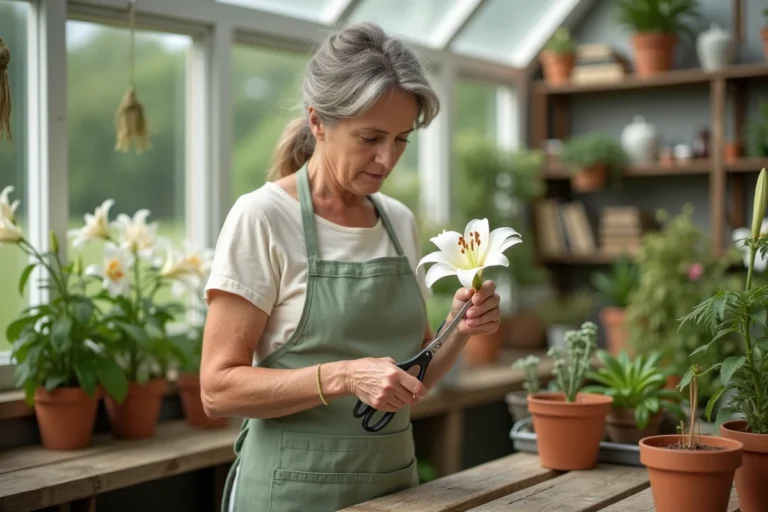 Femme coupant le pistil d'un lys blanc avec des ciseaux dans une serre domestique rustique