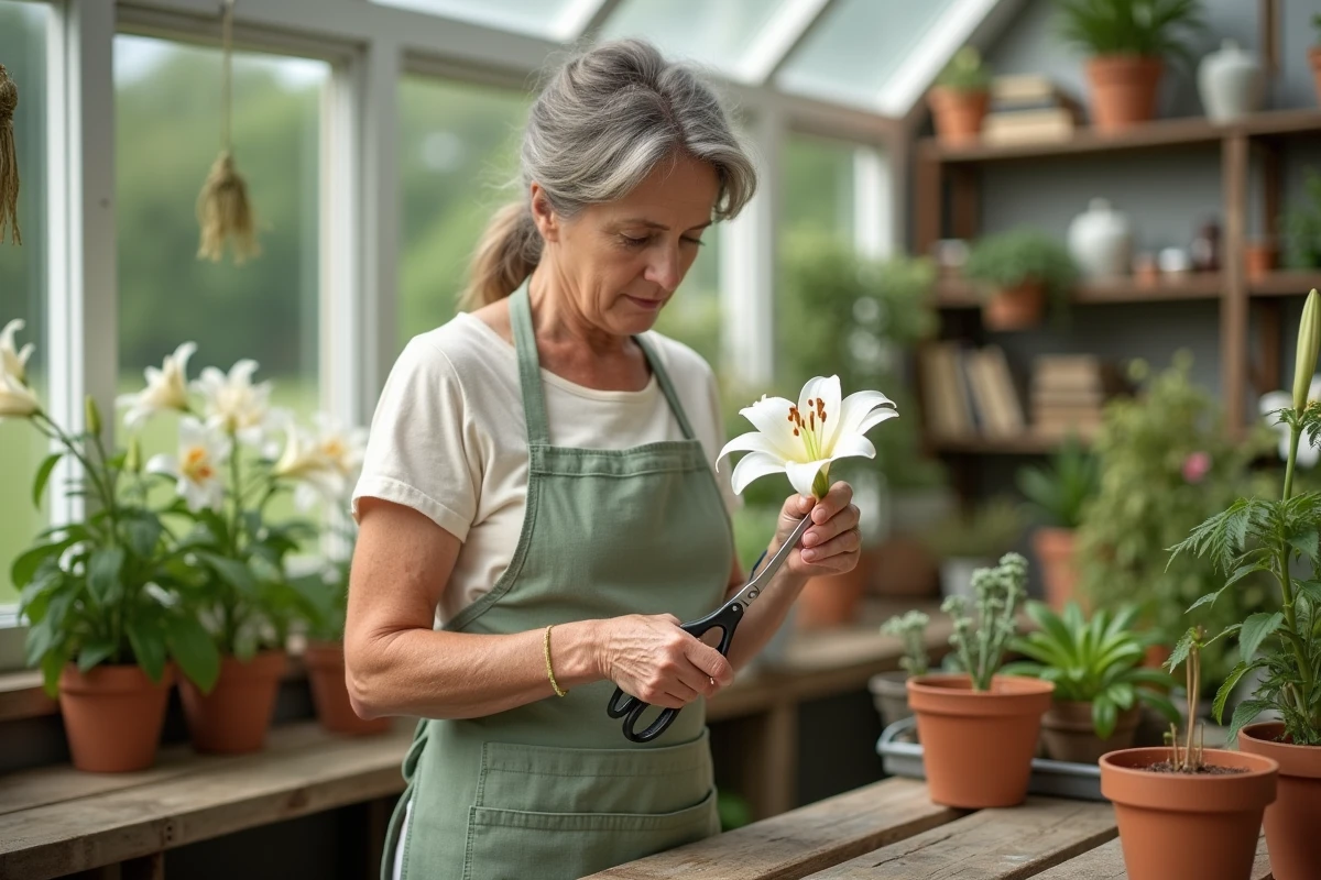 Femme coupant le pistil d'un lys blanc avec des ciseaux dans une serre domestique rustique