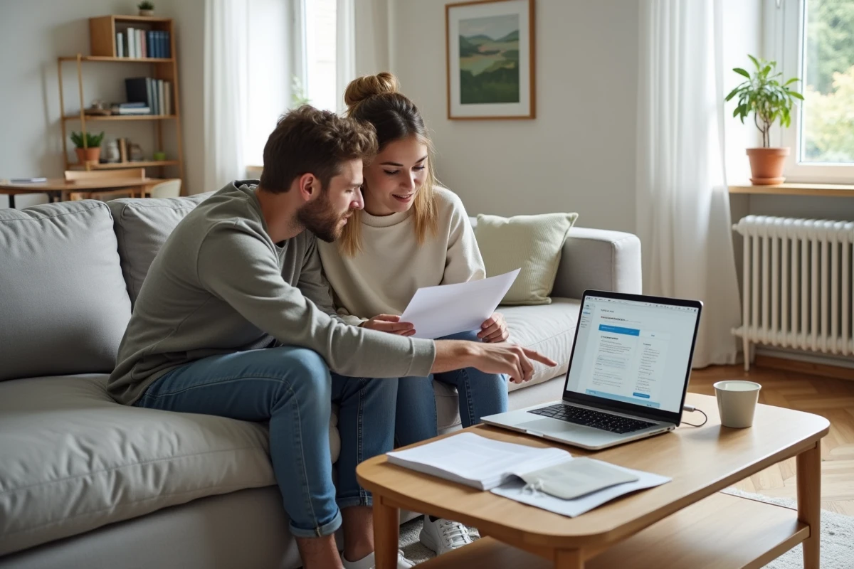Couple consultant leurs documents locatifs sur MyFoncia depuis un ordinateur portable dans leur salon