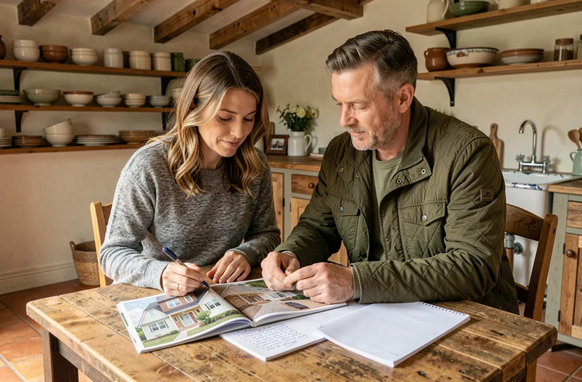 Couple planifiant la rénovation de leur cuisine en consultant des magazines et des plans sur papier millimétré