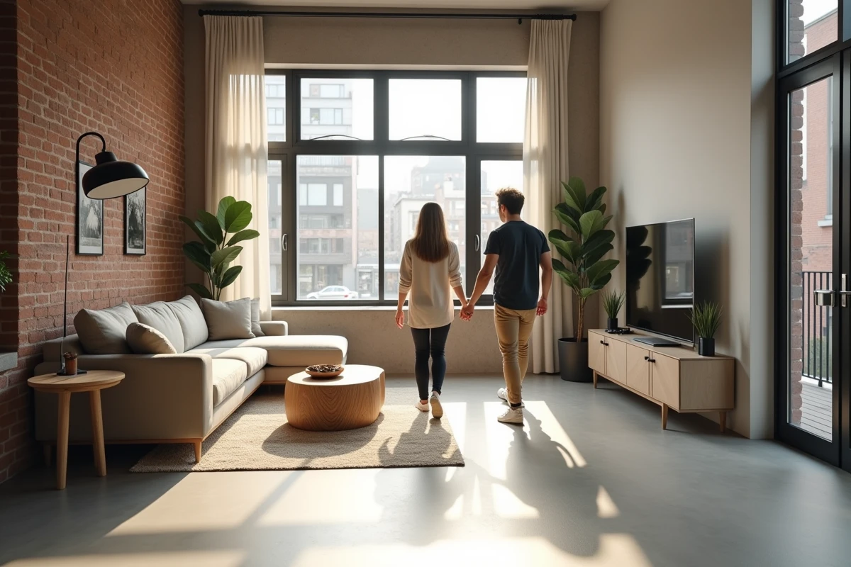 Jeune couple visitant un appartement rénové lumineux avec sol en béton poli et briques apparentes