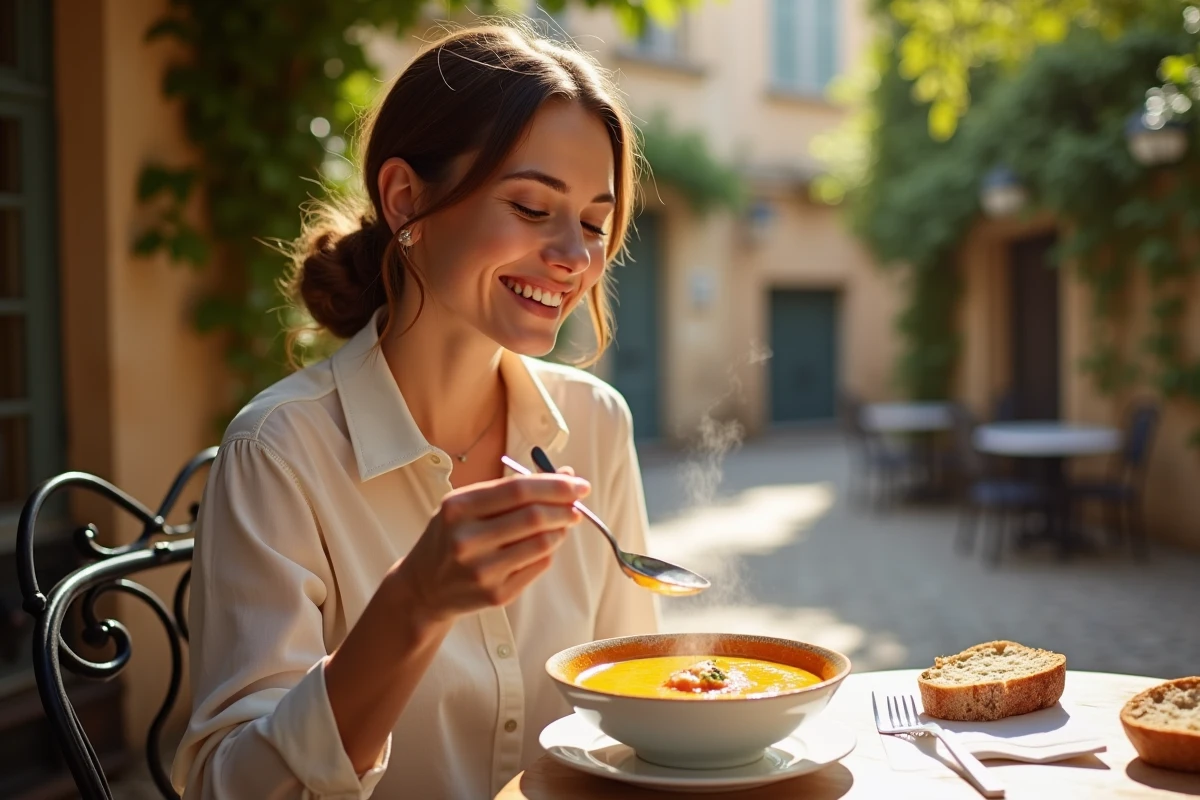 Femme dégustant une bisque de fruits de mer safranée en terrasse d'un bistrot gastronomique français