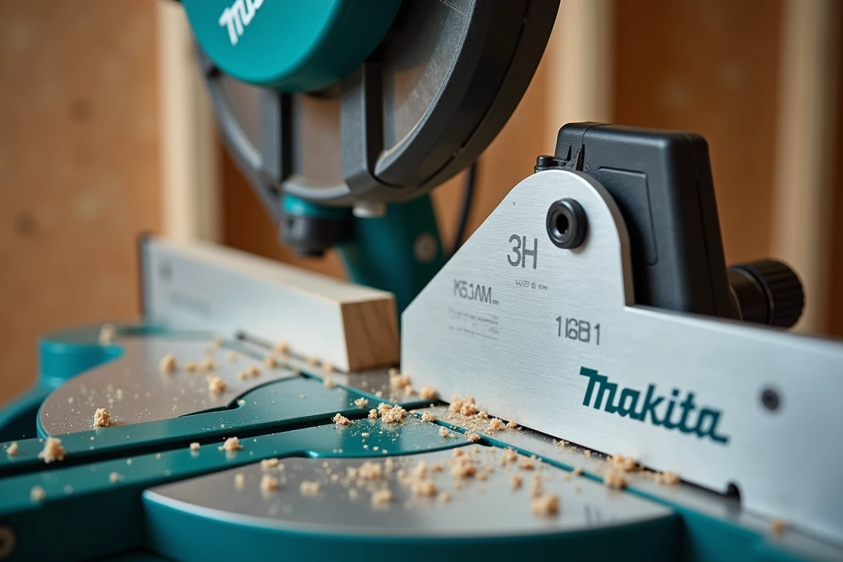 Gros plan sur le mécanisme de réglage et le guide laser de la scie Makita LS1018L en détail