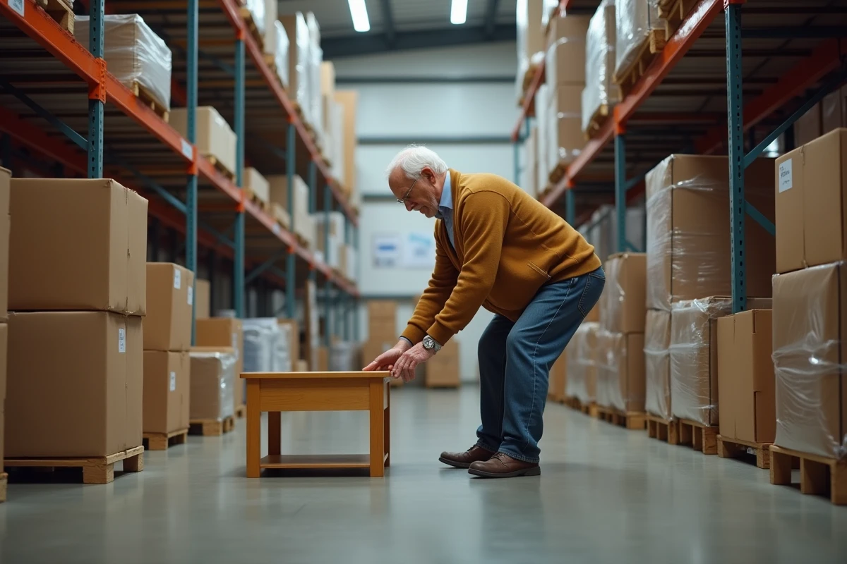 Homme âgé plaçant une table en bois dans un entrepôt