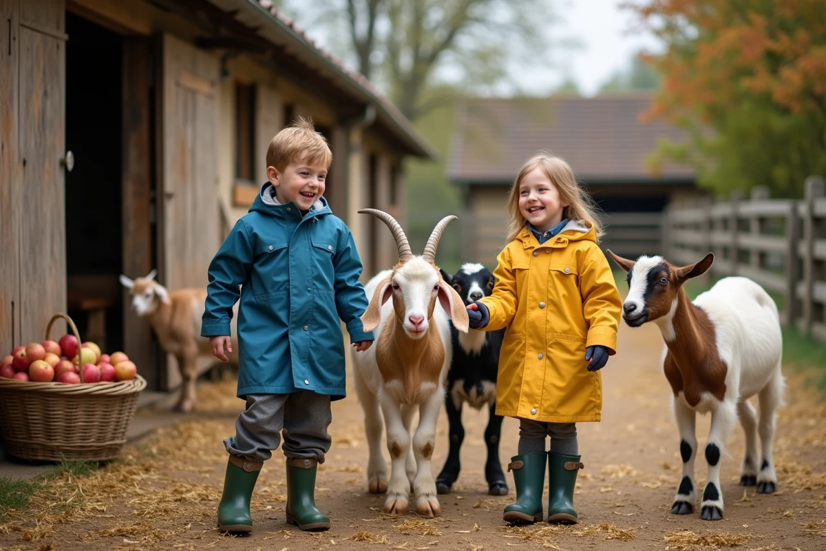 Enfants rieurs nourrissant des chèvres à la ferme