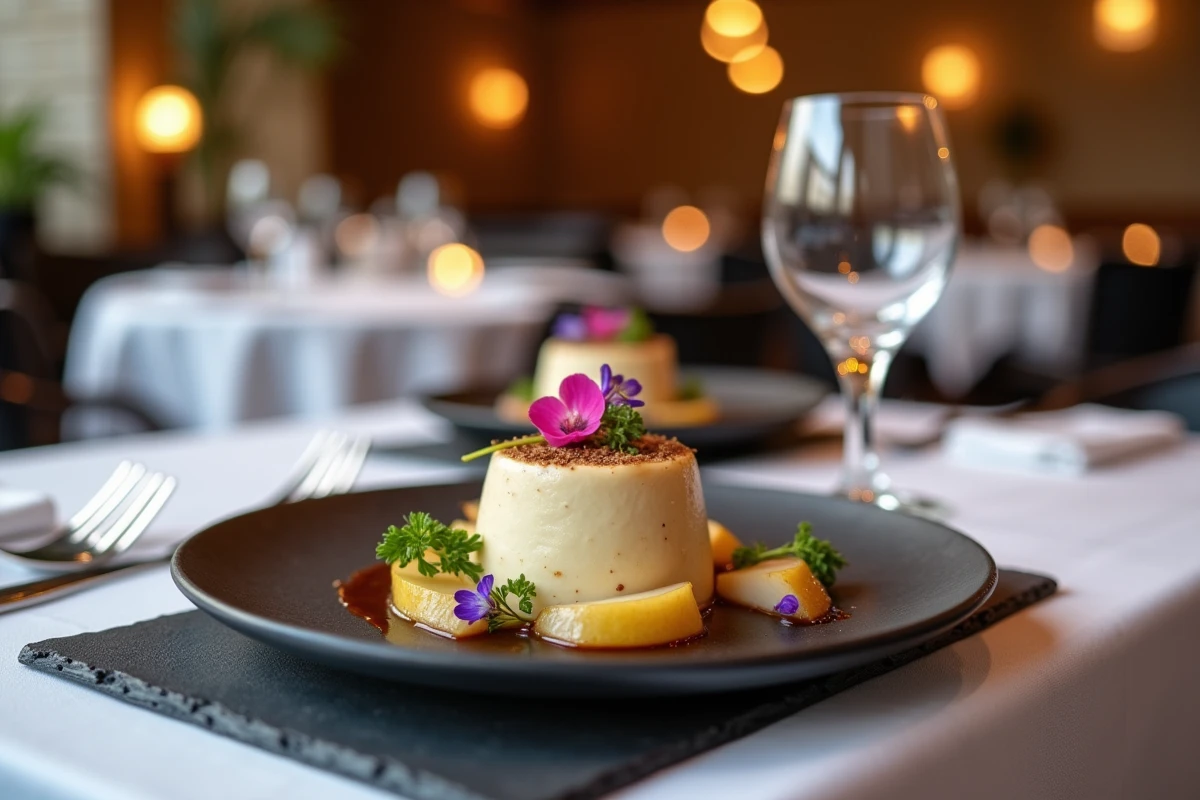 Assiette de foie gras mousse dressée sur ardoise dans un restaurant gastronomique français élégant