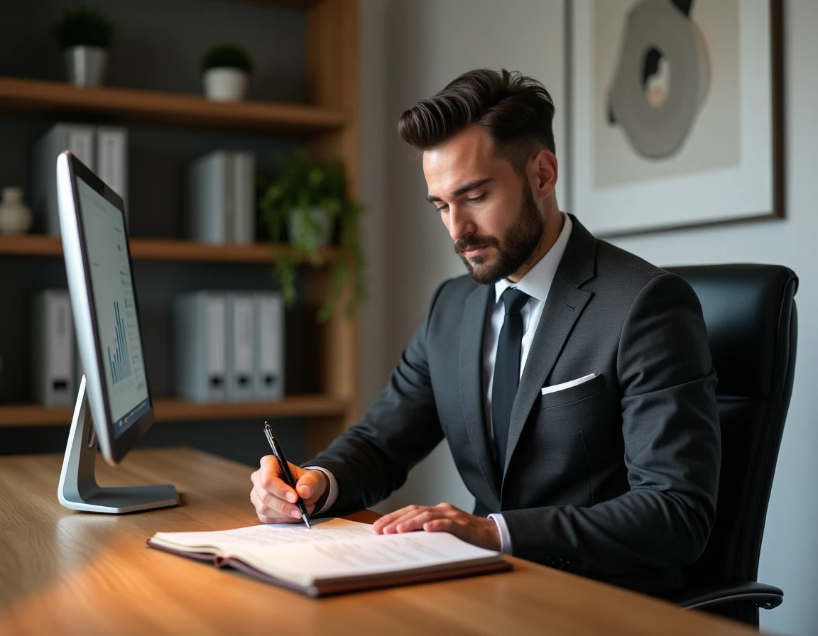 Entrepreneur concentré sur la stratégie de croissance de son entreprise dans un bureau moderne