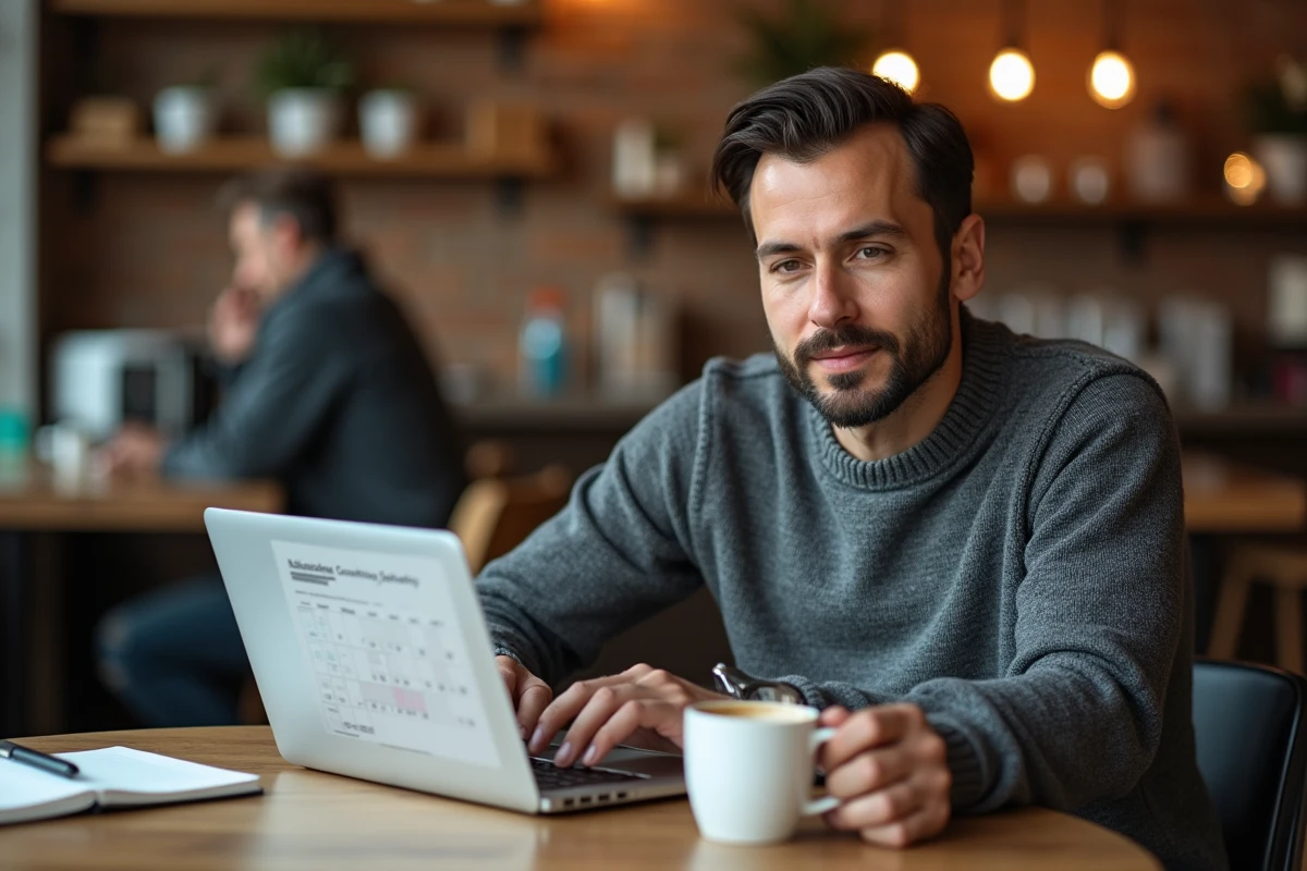 Entrepreneur consultant en marketing digital travaillant sur sa stratégie de contenu dans un café urbain