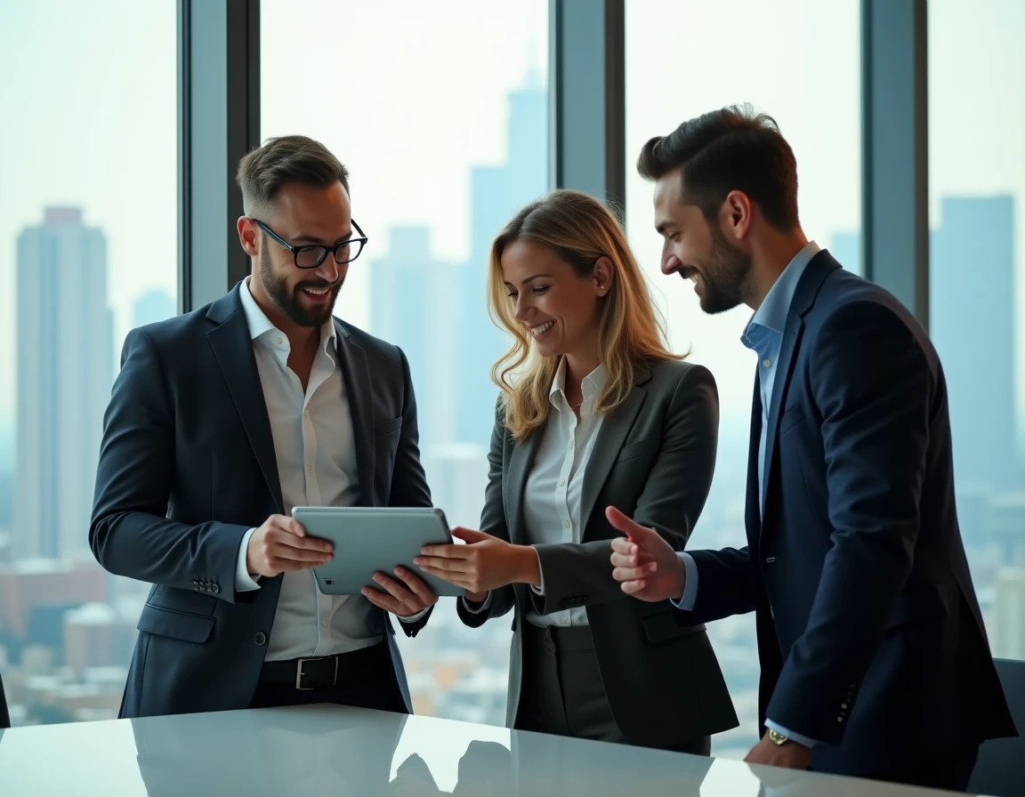 Équipe professionnelle collaborant sur des solutions business avec vue sur une ville moderne