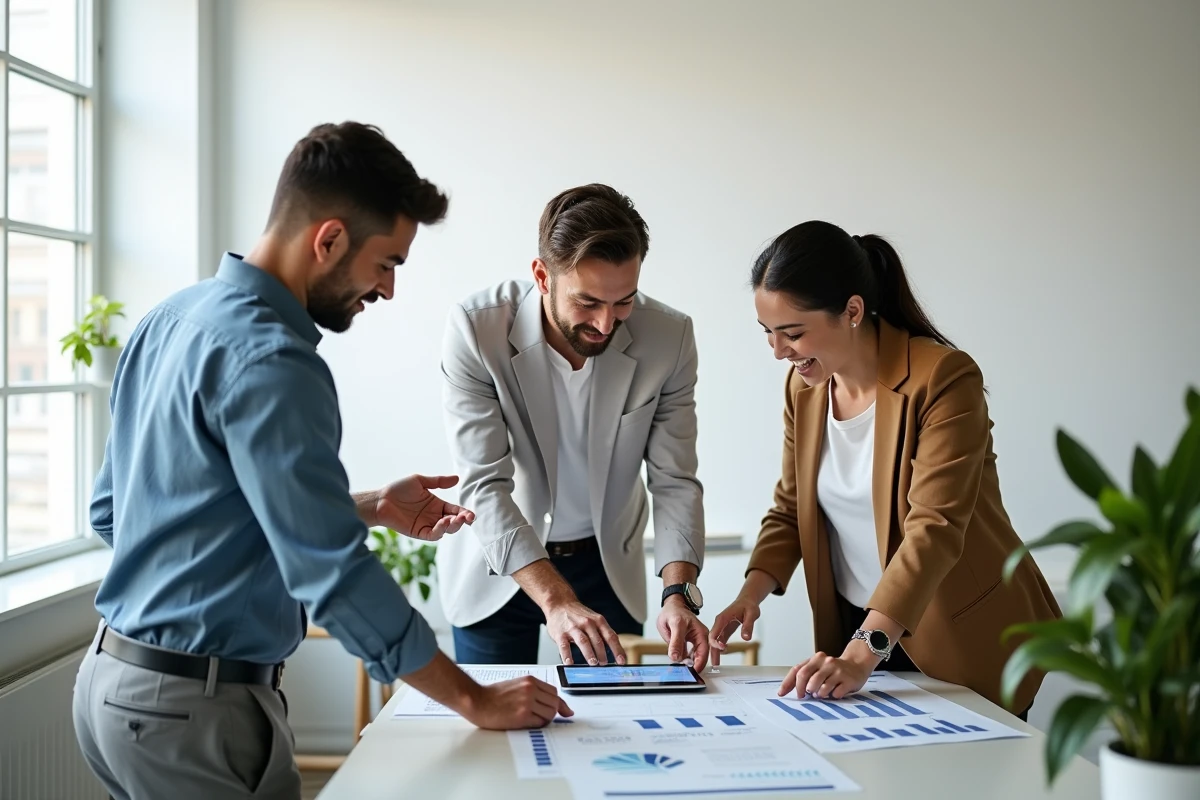 Équipe de professionnels collaborant sur une stratégie digitale avec des rapports analytiques dans un espace de coworking
