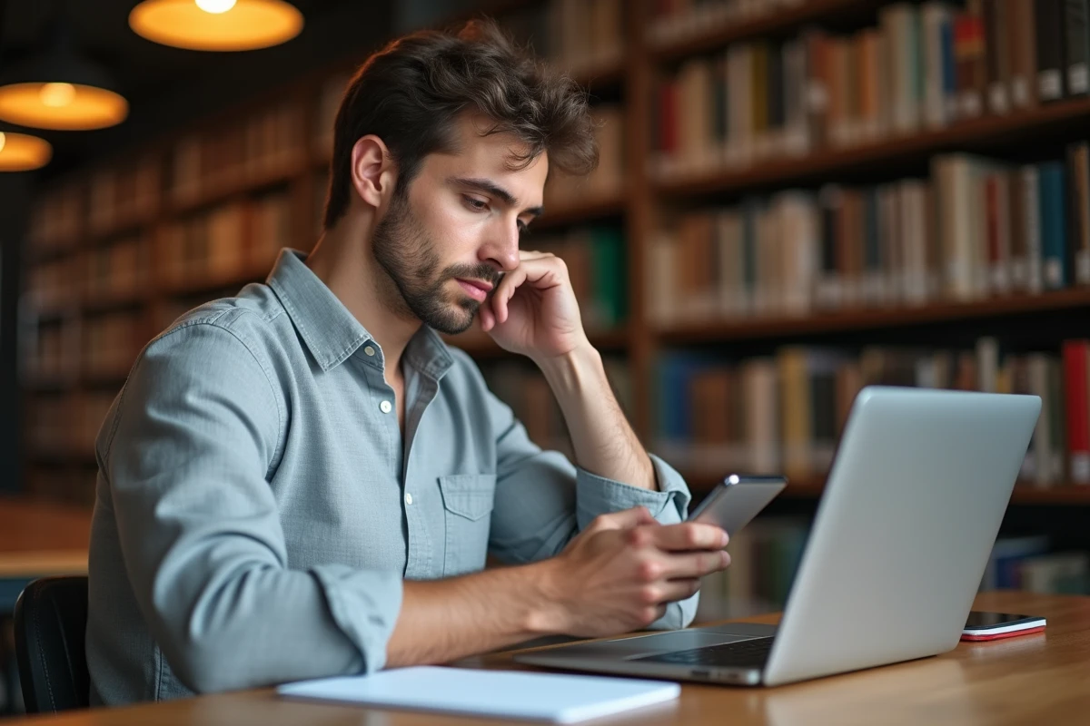 Étudiant masculin accédant à sa messagerie universitaire sur mobile dans une bibliothèque académique