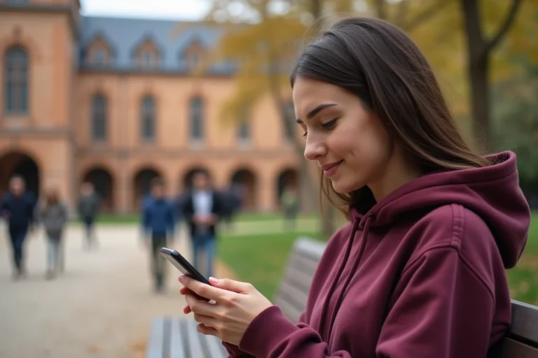 Étudiante consultant sa messagerie académique sur smartphone en plein air sur un campus de Toulouse