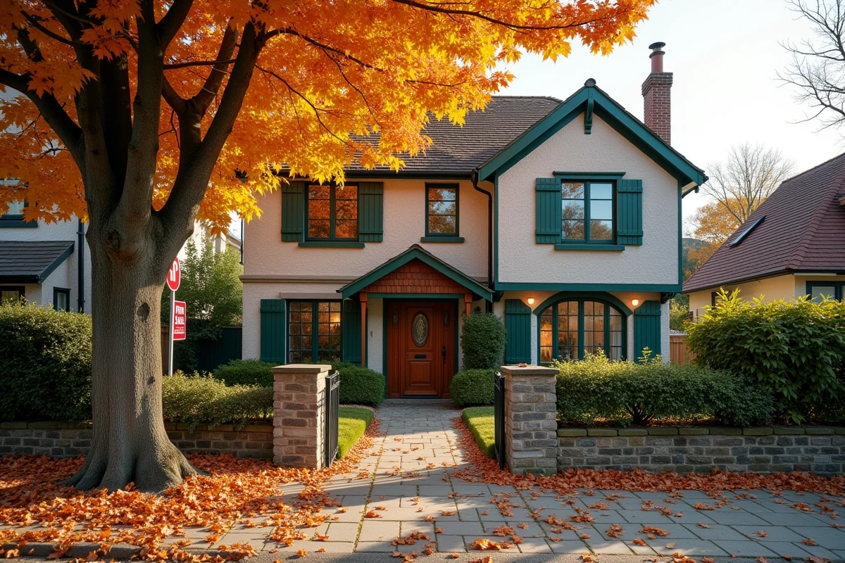 Façade d'une maison familiale en pierre avec panneau À Vendre et jardin fleuri en automne en banlieue résidentielle