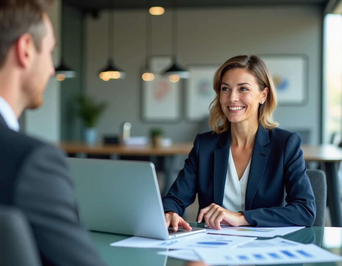 Femme d'affaires professionnelle analysant des données de performance en réunion d'entreprise