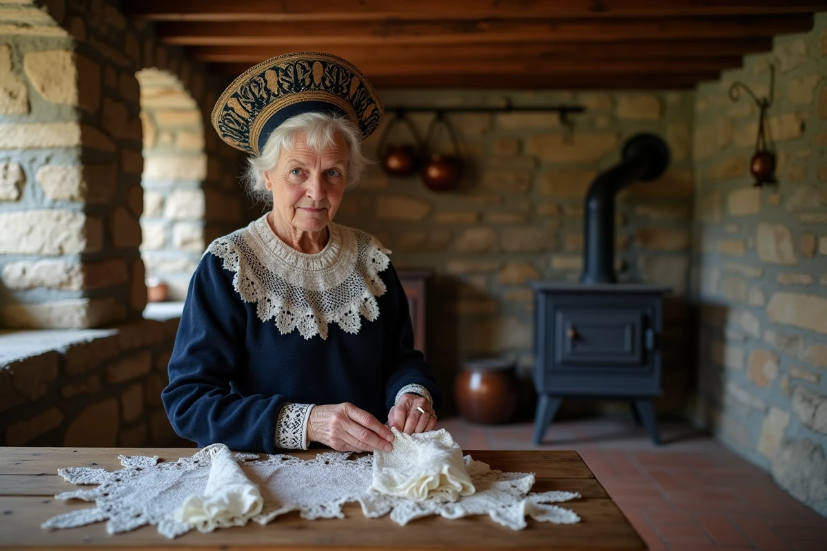 Femme bretonne en coiffe bigoudène brodée travaillant la dentelle dans une ferme en pierre traditionnelle