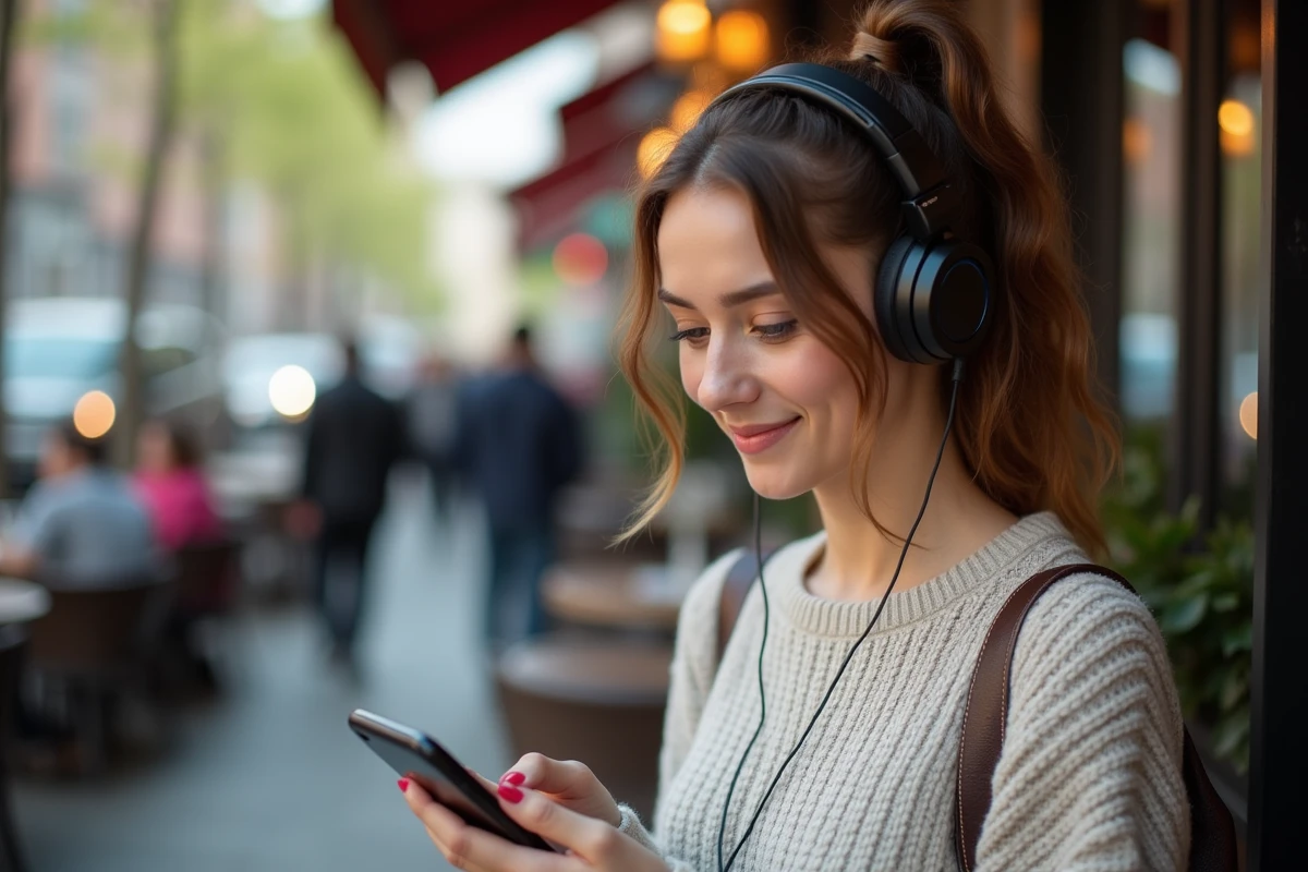 Jeune femme avec casque utilisant son smartphone en terrasse urbaine