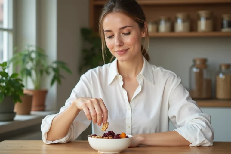 Femme choisissant une collation saine composée de noix et graines dans un bol en céramique sur une table en bois