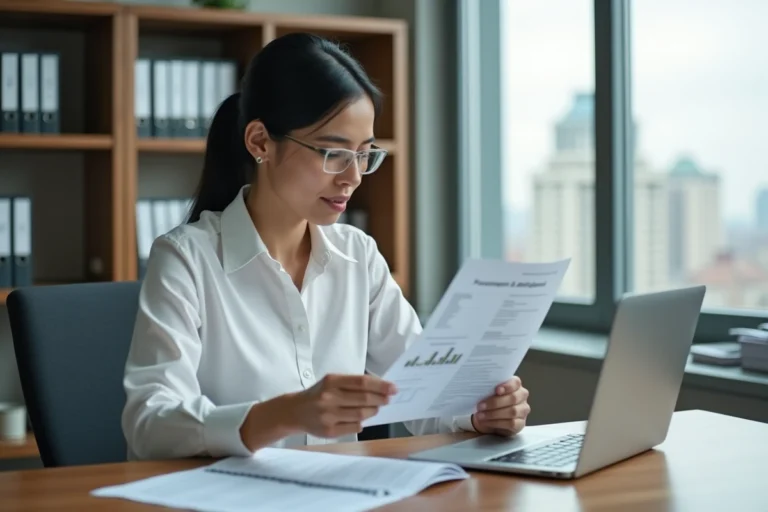 Femme comptable analysant des relevés financiers sur un bureau moderne pour optimiser la gestion du compte 75888