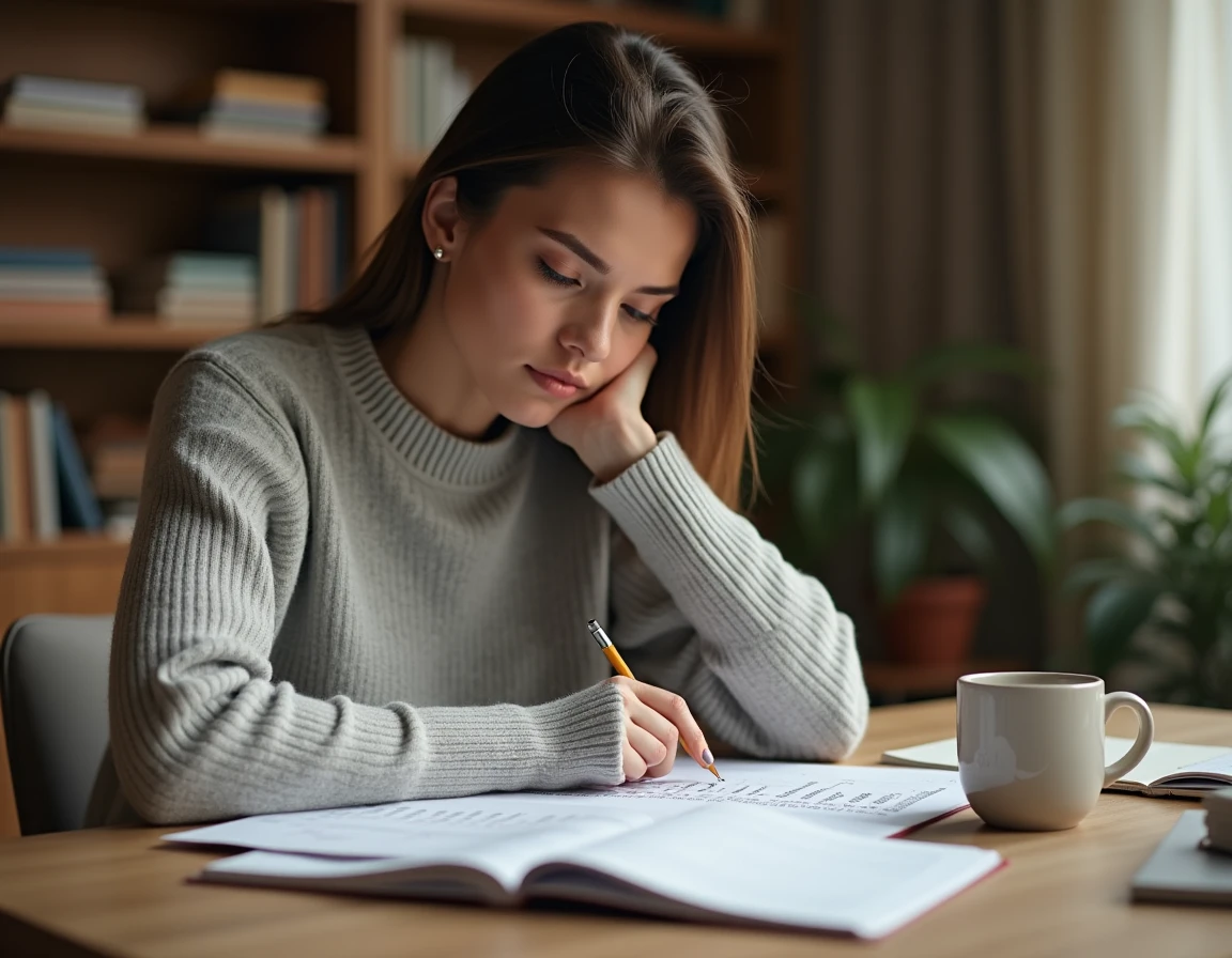 Femme consultant un tableau de conversion de chiffres en heures à son bureau de travail à domicile