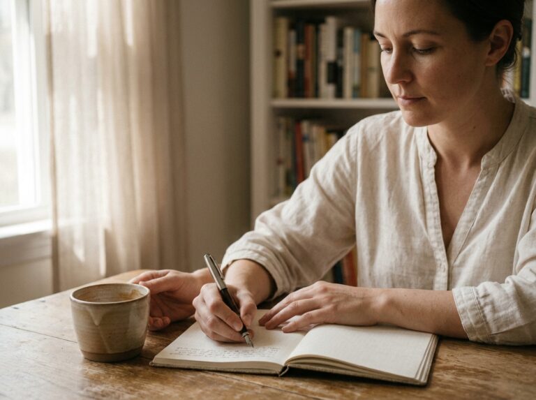 Femme écrivant à la main dans un carnet ouvert sur une table en bois, expression apaisée et introspective, ambiance intérieure douce et chaleureuse