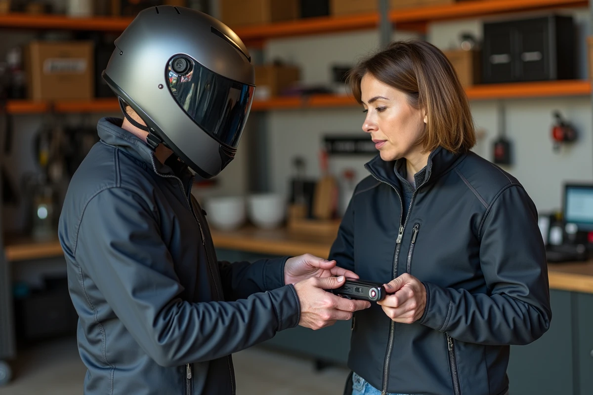 Femme installant un intercom sur son casque dans un garage