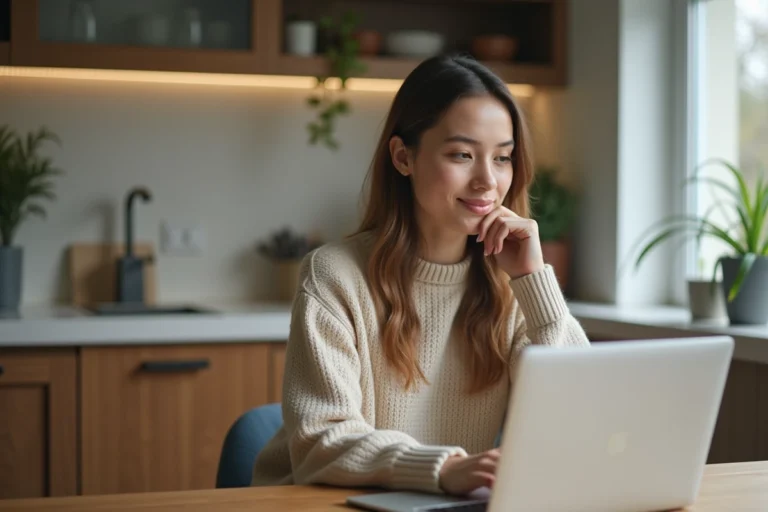 Jeune femme lisant des avis en ligne à la maison
