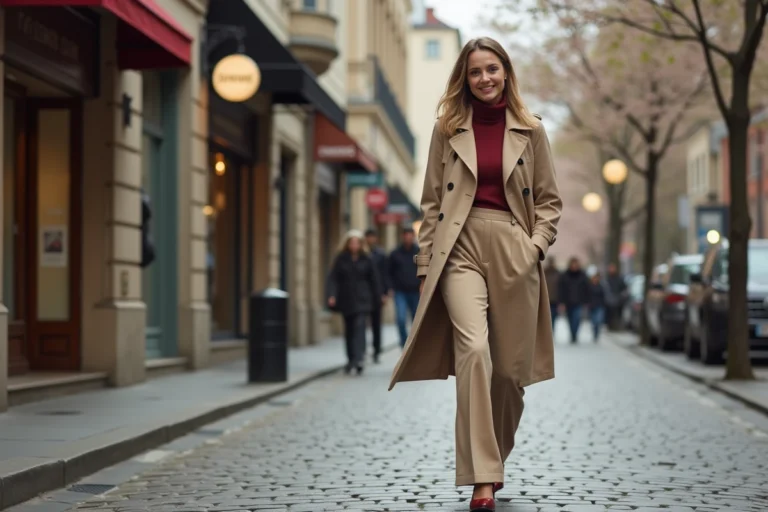 Femme élégante en trench et pantalons larges dans la rue