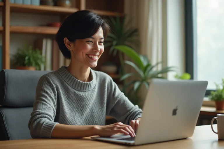 Femme utilisant un ordinateur portable avec efficacité dans un bureau à domicile bien organisé