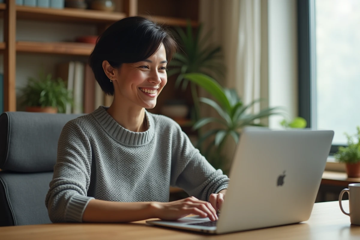 Femme utilisant un ordinateur portable avec efficacité dans un bureau à domicile bien organisé