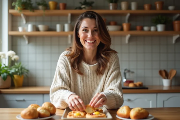 Femme souriante arrangeant des pâtisseries dans une cuisine chaleureuse