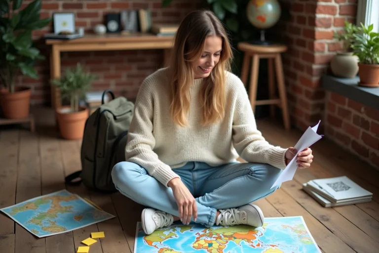Une femme prépare son voyage autour du monde entourée de cartes et de guides de voyage sur un plancher en bois