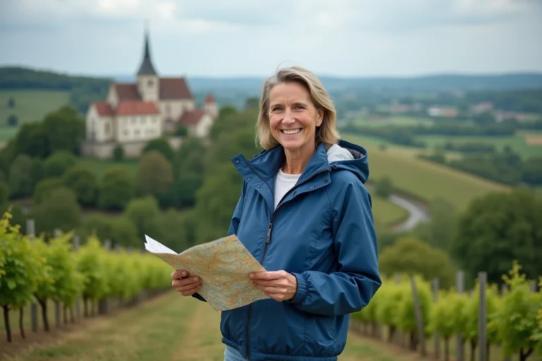 Femme souriante en plein air avec carte dans la vallée de la Loire