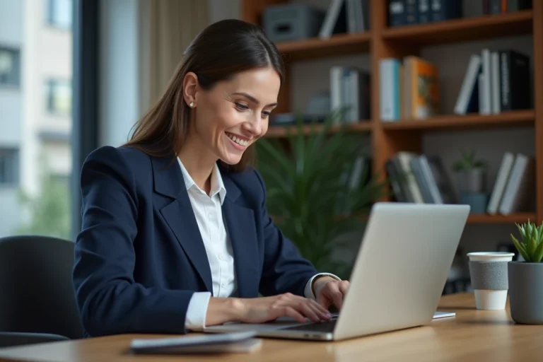 Femme consultant des offres d'emploi en ligne sur un ordinateur portable dans un bureau à domicile moderne